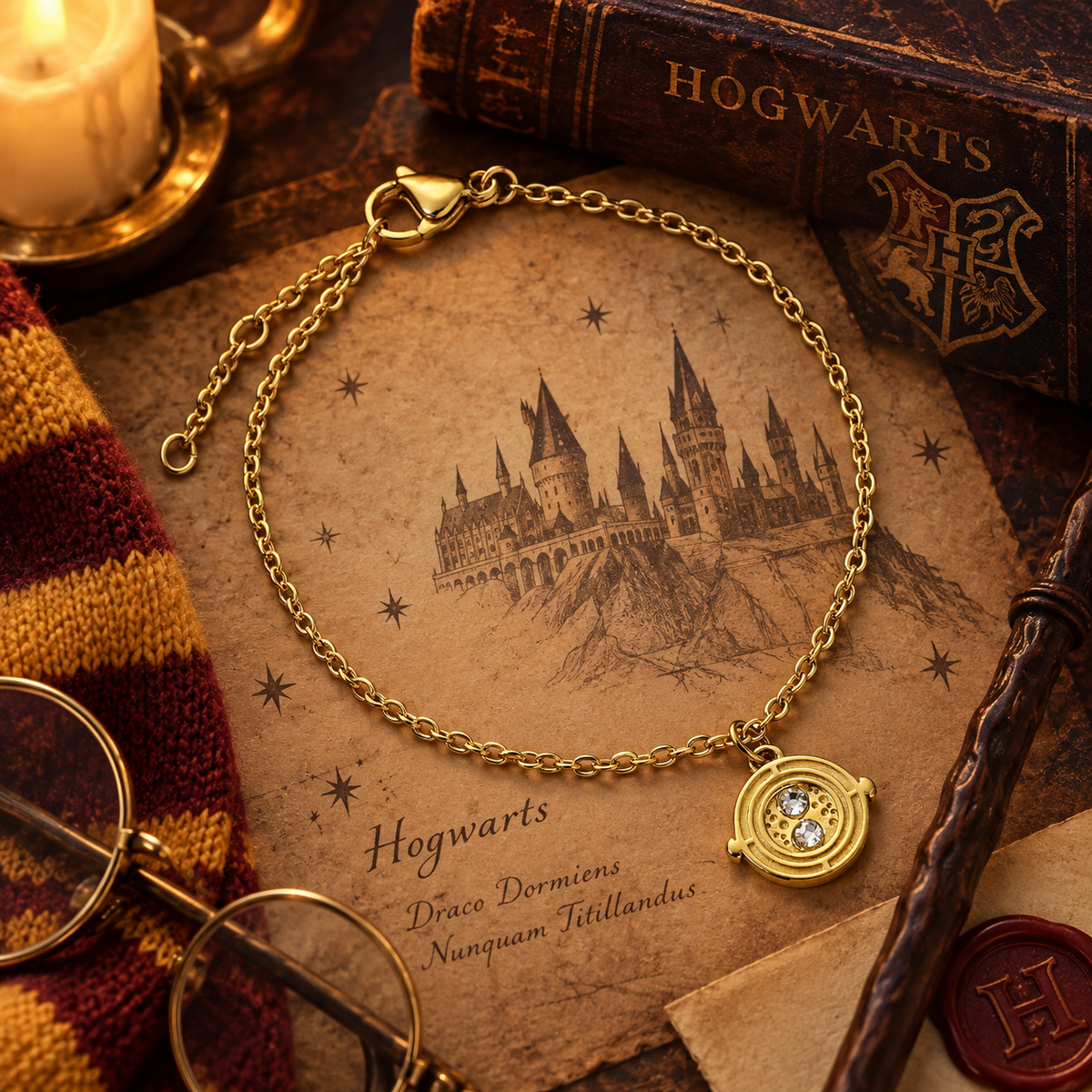 Bracelet chaîne dorée en acier inoxydable avec retourneur de temps Harry Potter