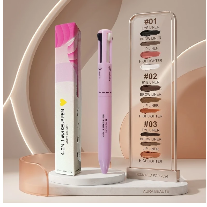 Stylo de Maquillage 4-en-1 – Eyeliner, Sourcils, Lèvres et Enlumineur