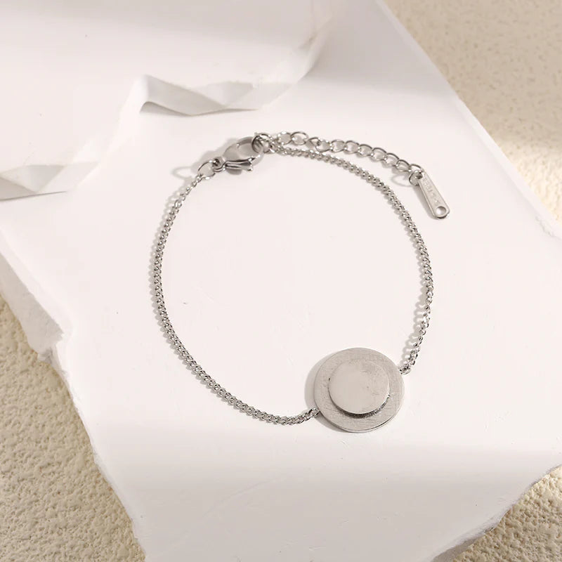 Bracelet Argenté Double Plaques Rondes Lisse Et Brossée