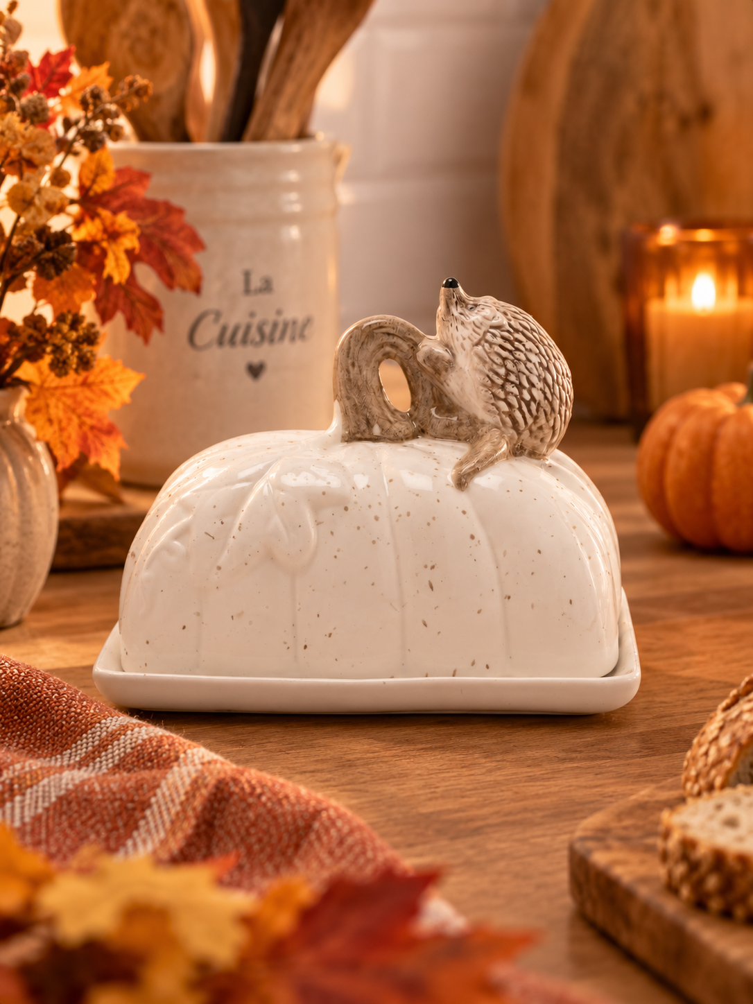 Beurrier en céramique citrouille & hérisson – Décoration d’automne 🍁