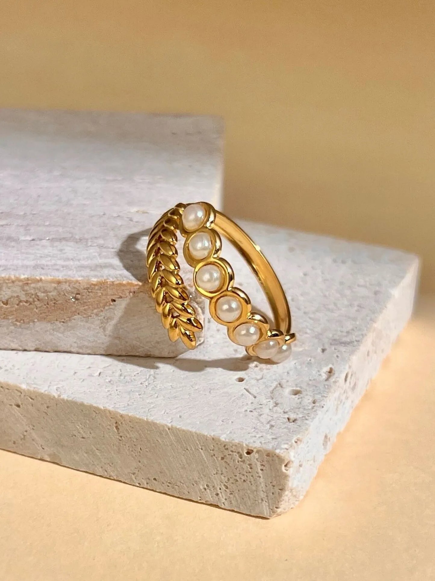 Bague ajustable Feuille et Perles Ajustable en Acier
