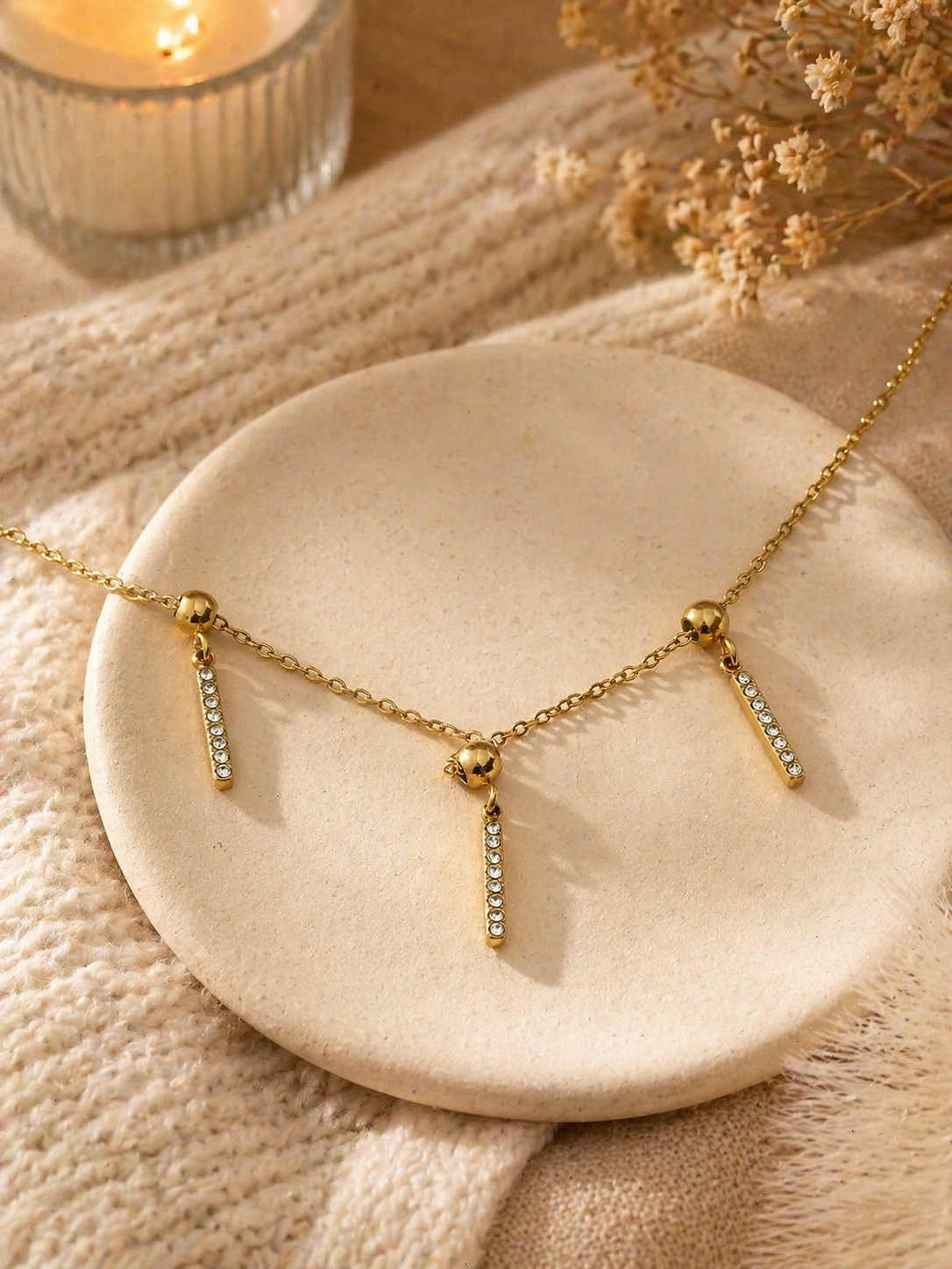 Collier Triple Pendentifs Boules Amovibles Et Barres de Strass