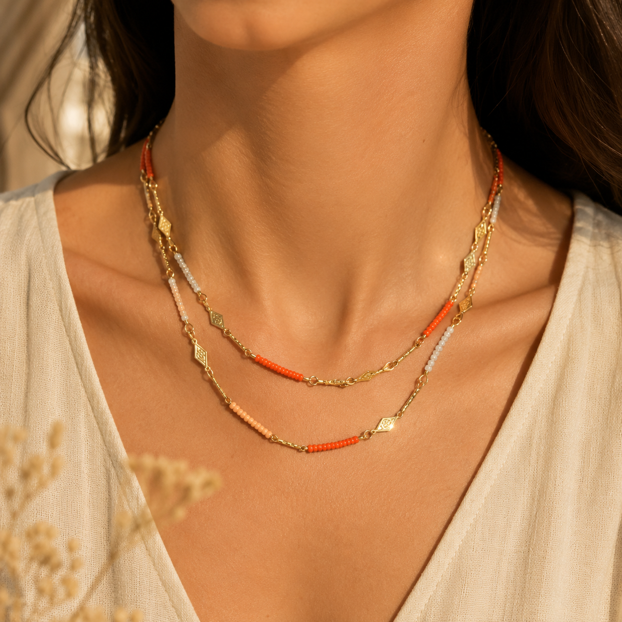 Collier Bohème Chic Corail & Perles – Élégance solaire et raffinée