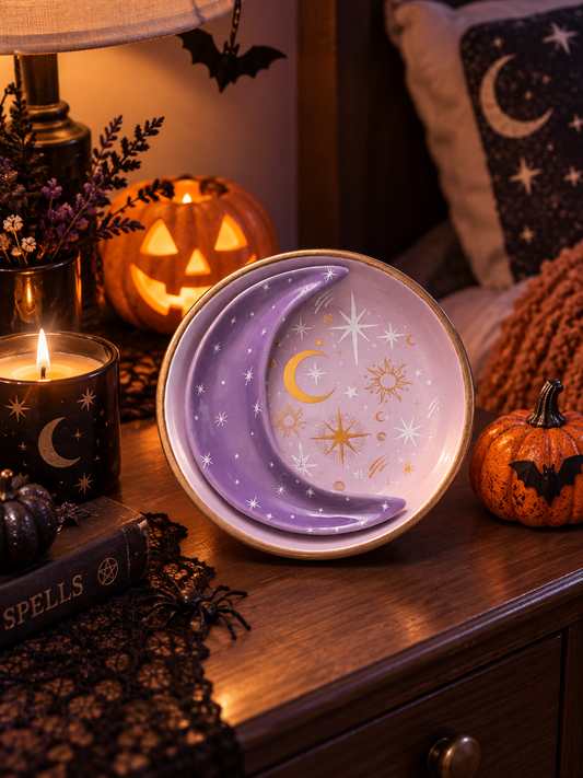 🌙 Plat à bijoux Lune Céleste – Violet & Doré 🌙