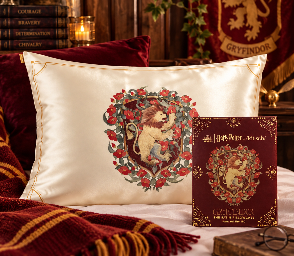 Taie d’oreiller en satin Harry Potter x Kitsch – Gryffondor 🦁✨