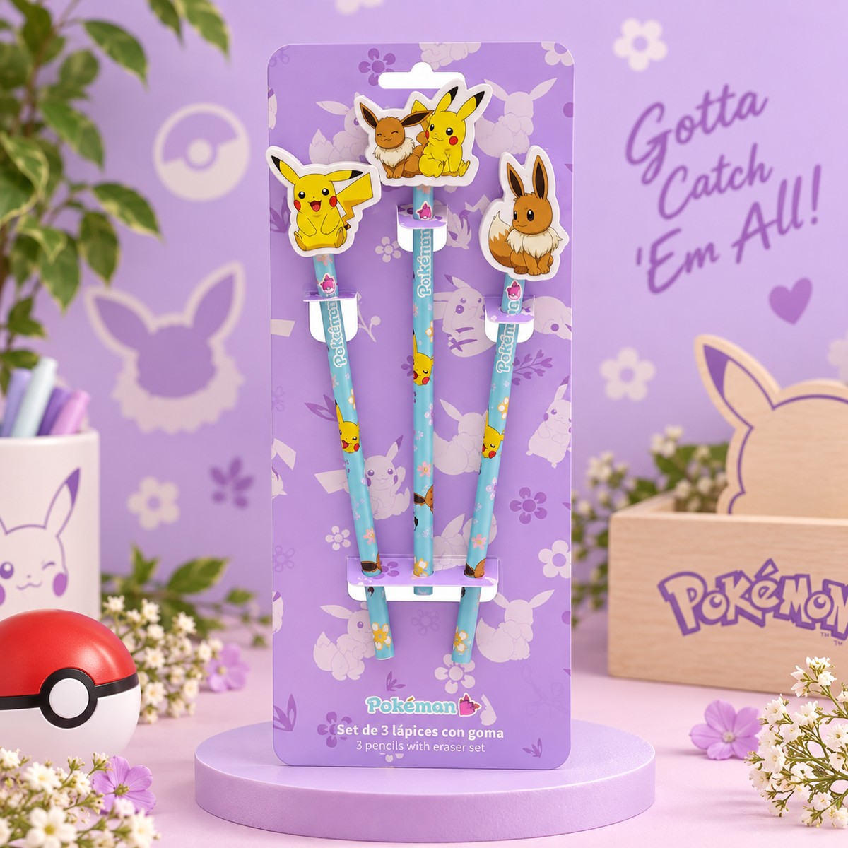 ✏️ Set de 3 crayons Pokémon avec gommes – Pikachu & Évoli