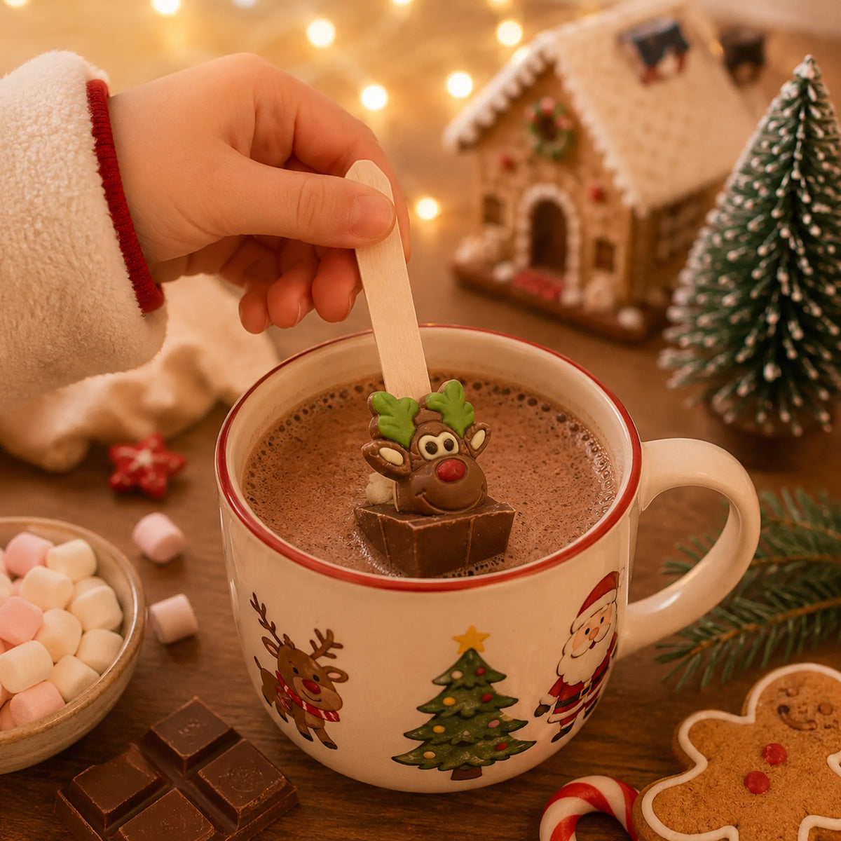 CUILLÈRE À CHOCOLAT CHAUD LAIT "RENNE DE NOËL" MINI GUIMAUVES - chocolat de 55g