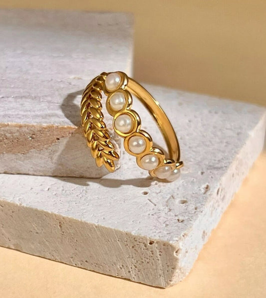 Bague ajustable Feuille et Perles