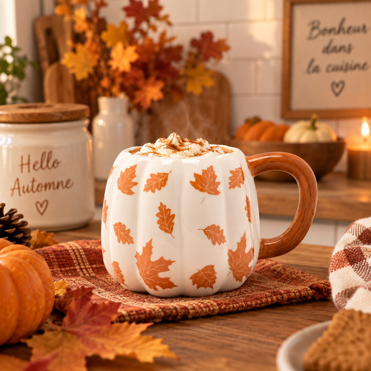 🍂 Mug Citrouille d’Automne – Feuilles Orangées 🎃