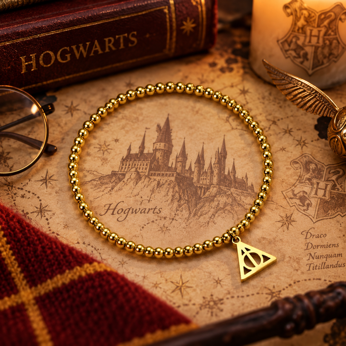 Bracelet en acier inoxydable avec perles dorées des Reliques de la Mort de Harry Potter