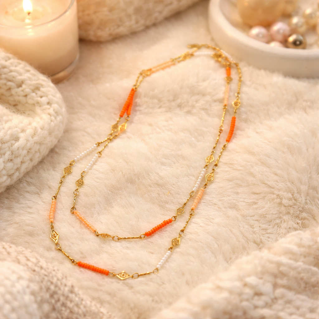 Collier Doré Double Chaîne Détails Oranges 🍊
