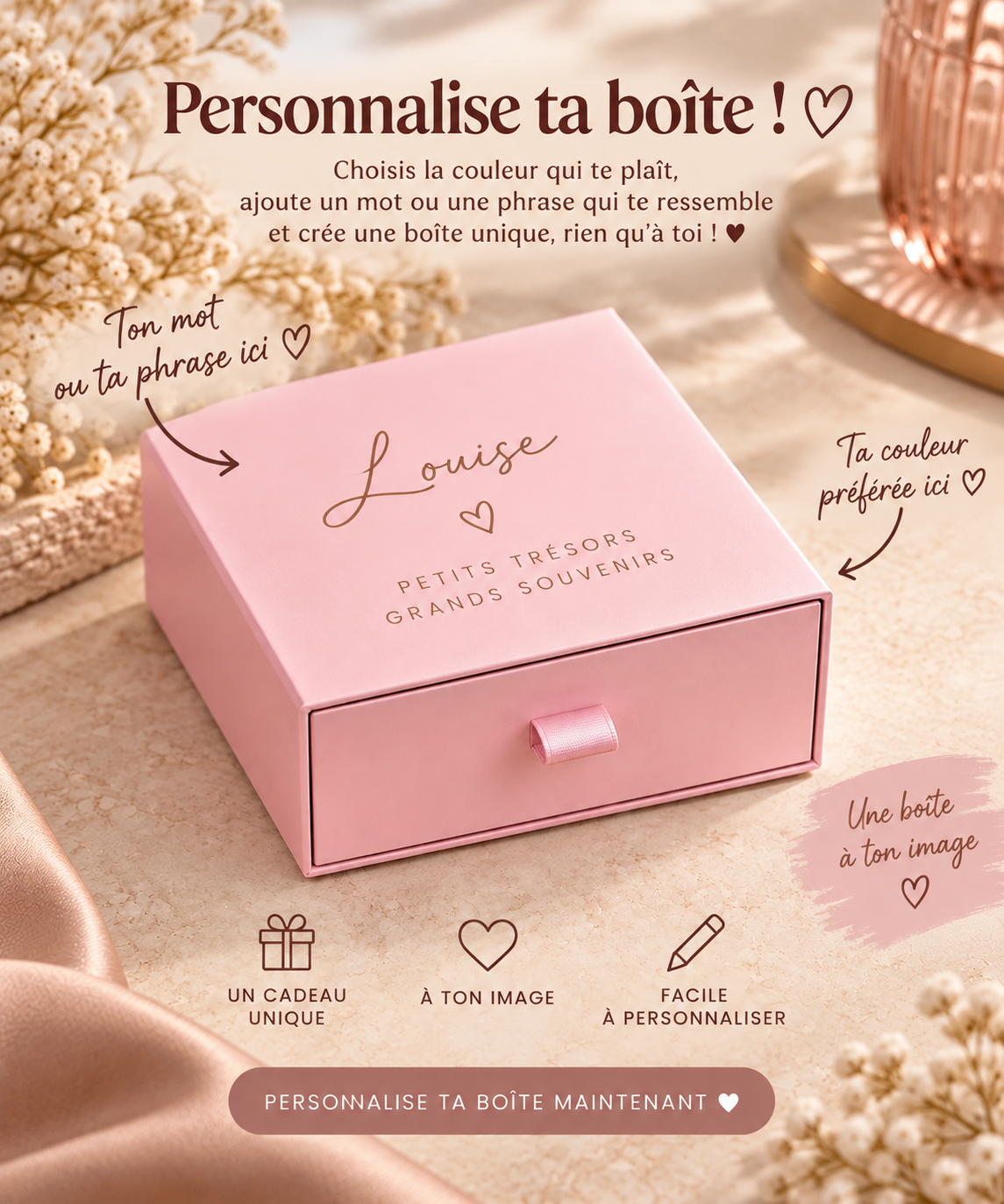 Boîte bijoux 9x9cm 🎀 PERSONNALISATION