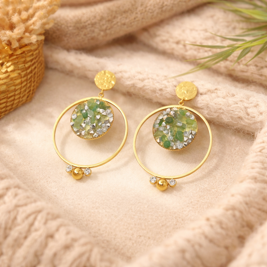 Boucles d’oreilles dorées effet pierre naturelle – Élégance bohème chic 💚