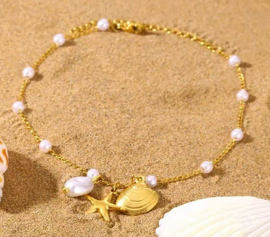 Bracelet fin perles acier inoxydable breloques coquillage